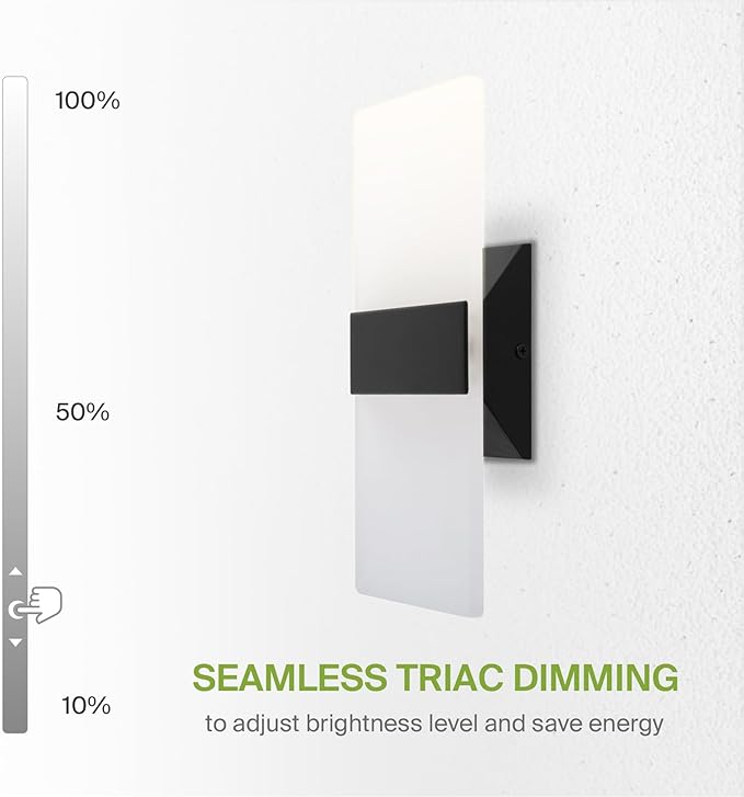 ASD 12 Inch LED Indoor Wall Sconce - Modern Interior 12W 2700K-5000K Adjustable Dimmable Wall Mounted Light Fixtures, Acrylic Glass Wall Lights for Stairway, Hallway - UL, Matte Black, 2 Pack