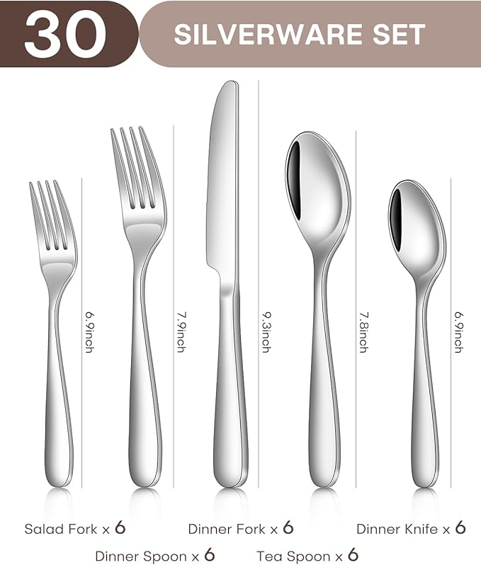 30-Piece Flatware Set for 6, Heavy Duty Knives Forks Spoons Silverware Set with Premium Mirror Polished Stainless Steel Utensils, Dishwasher Safe