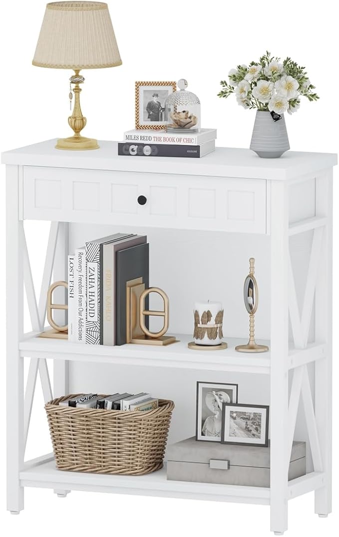 FATORRI Small Bookcase with Drawer, Wood and Metal Bookshelf for Small Space, Short Book Shelf and Low Book Case for Living Room (White Oak)