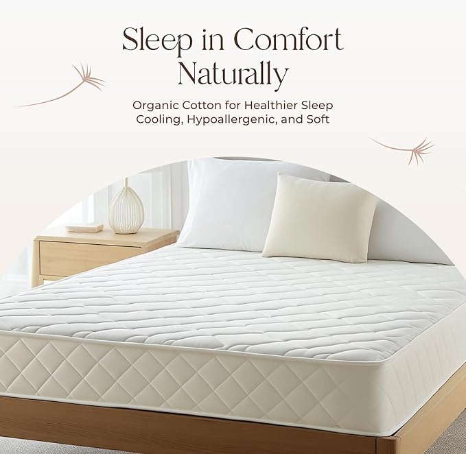 100% Cotton Organic Mattress Pad - Breathable & Cooling Mattress Protector Full Size - Premium 300GSM Quilted and Noiseless Machine Washable Organic Mattress Protector (Ivory, Full)