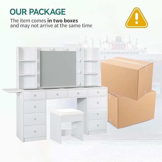 Vanity Desk with Power Outlet, 10 Drawers Makeup Vanity with Mirror and Lights, 3 Colors Adjustable, Fold-up Panel, Glass Top Vanity Set for Bedroom