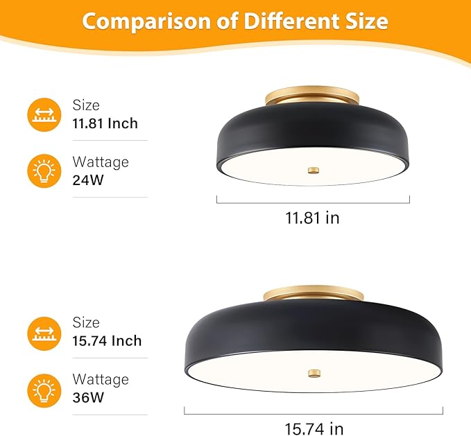 Dimmable LED Ceiling Light Fixture, 2700K-6000K 5CCT Modern Mid-Century Semi Flush Mount Ceiling Light, Black Close to Ceiling Lamp for Kitchen, Laundry Room, Bedroom, Hallway, 11.8in