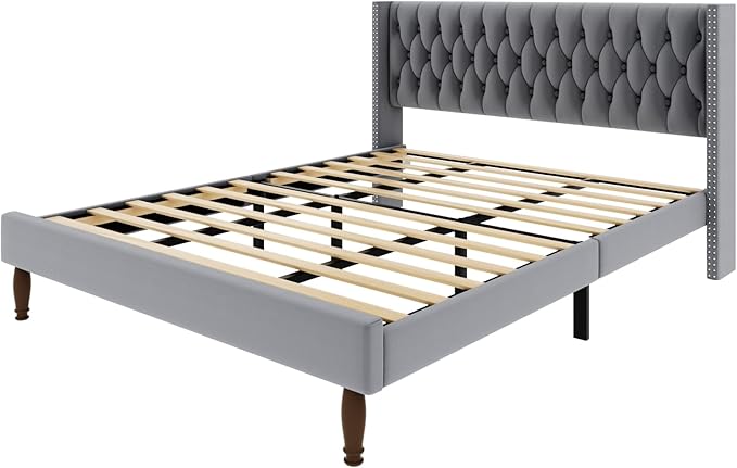 King Size Velvet Upholstered Bed Frame, 49.2" Tall Wingback Headboard, Deep Button Tufted, No Box Spring Needed, Solid Wood Legs, Grey