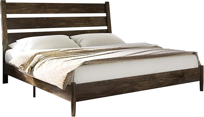 AMERLIFE King Size Mid Century Solid Wood Bed Frame, Platform Beds with Reclining Slatted Headboard, Wood Slat Support/No Box Spring Needed/Noise Free, Dark Brown