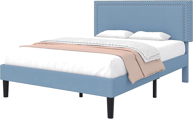 VECELO Queen Size Bed Frame with Adjustable Upholstered Headboard, Wooden Slats Platform, Noise-Free Design, Easy Assembly