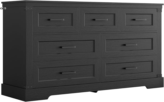 Hasuit Black Dresser for Bedroom, Wooden 55.1" Long Dressers Chest of Drawer, Farmhouse 7 Drawer Dresser with Thick Styling, Large Capacity Storage Cabinet Organizer, Wide Dressers for Bedroom Hallway