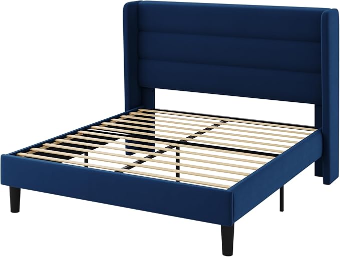 Allewie Queen Size Platform Bed Frame with Velvet Upholstered Wingback Headboard, No Box Spring Needed, Under Bed Storage Space, Wooden Slats, Modern Mattress Foundation, Easy Assembly, Blue