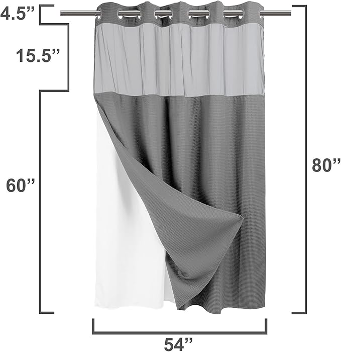 River Dream Heavyweight No Hooks Required Dotted Waffle Weave Shower Curtain with Snap in Liner -Stall 54W x 80H,Hotel Grade,Spa Like Bath Curtain,Gray