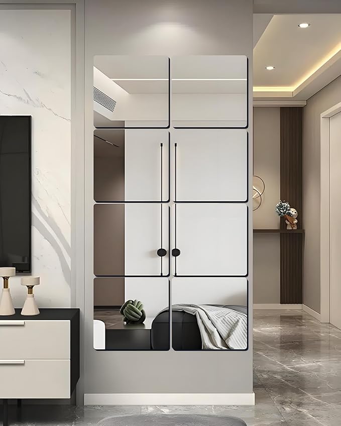 Glass Mirror Tiles for Wall 12" x 12" Frameless Full Length Mirror Wall Mounted Full Body Mirrors for Bedroom Home Gym Door Bathroom (8PCS)