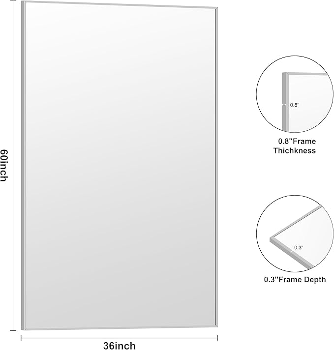 KOCUUY Large Silver Bathroom Mirror, 60x36 inch Rectangular Mirror for Bathroom Sink, Oversized Mirror with Metal Brushed Nickel Frame for Living Room, Farmhouse, Entryway, Hang Horizontal/Vertical