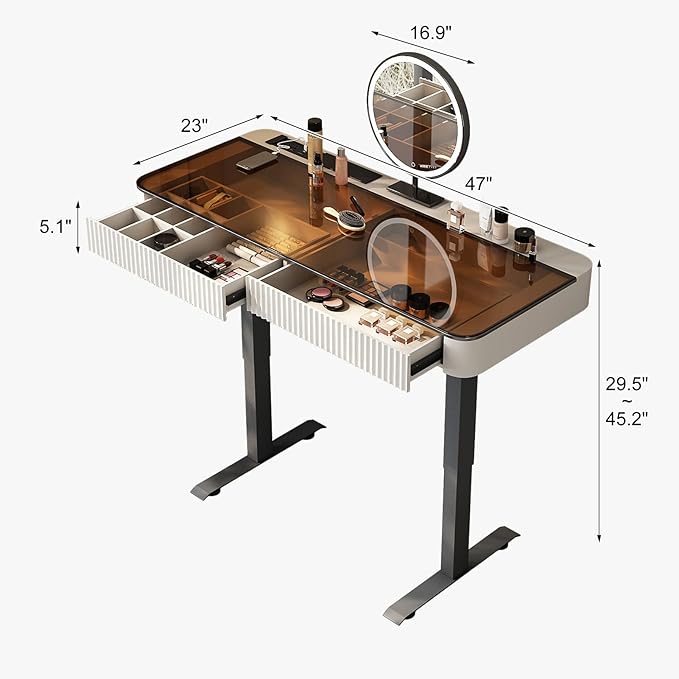 Lartis Vanity Table with Stool,Electric Lift Vanity Desk,Vanity Set,Up and Down Desk, Standing Vanity with Drawer (Ivory White, 47 in)