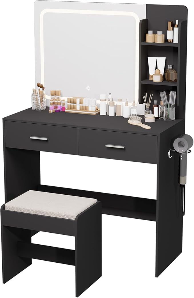 Makeup Vanity with Lighted Mirror & Electrical Outlet - 2 Shelves, 2 Drawers, Bottom Storage - Comes with Upholstered Stool (Black)