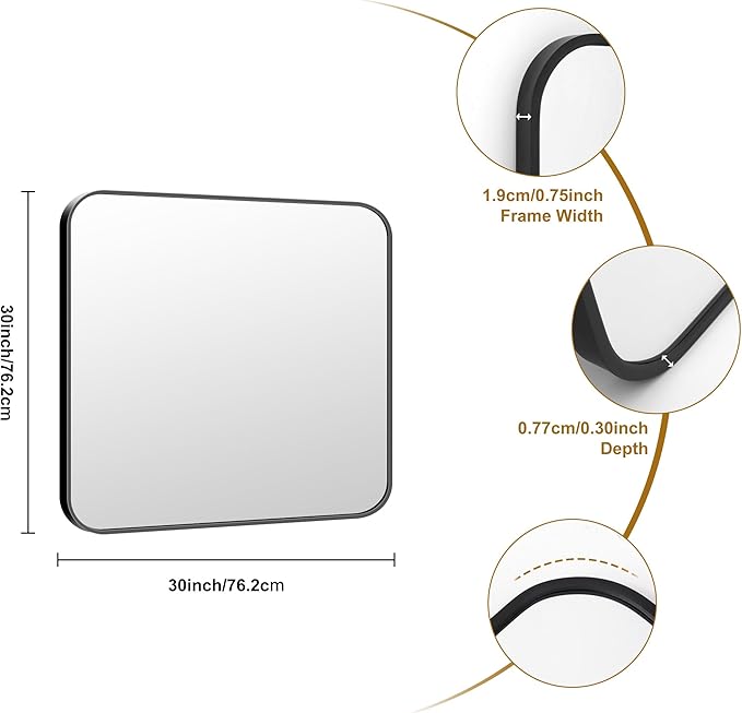KOCUUY 30"x30" Square Rectangle Vanity Mirror, Black Metal Frame Mirror with Rounded Corner, Modern Design of Upgraded Shatterproof Glass for Bathroom, Bedroom, Living Room, Entryway