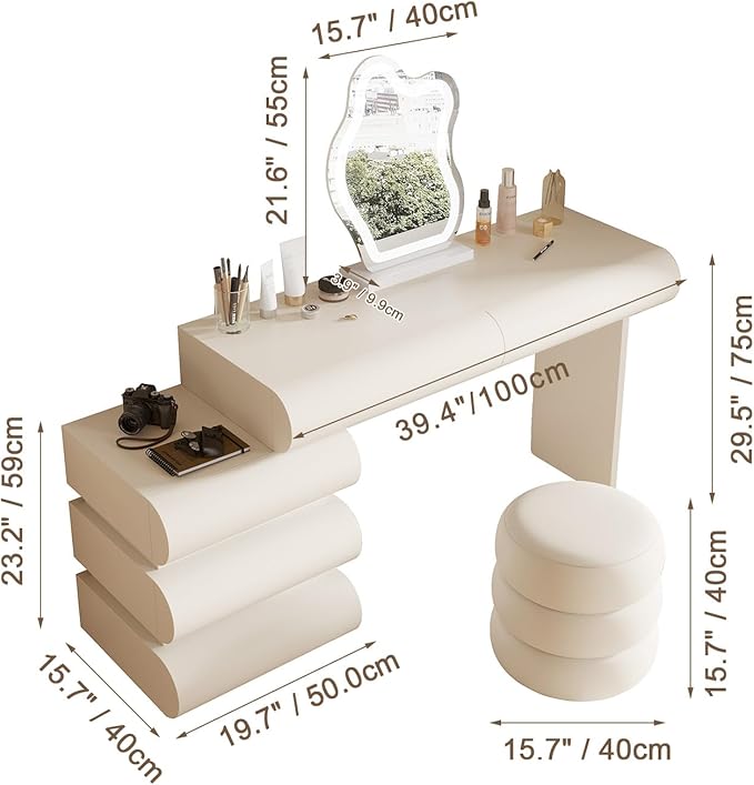 Makeup Vanity Desk with Lighted Mirror and Stool, Faux Leather Upholstered Finish, Modern Dressing Table with 5 Drawers for Bedroom and Makeup Room, Easy Assembly, White