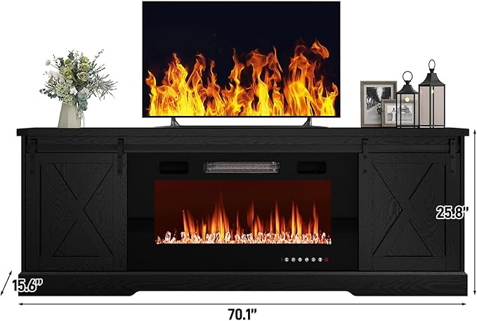 Farmhouse Fireplace TV Stand for 70/75/80 Inch TV, 70 inch Entertainment Center Storage Cabinets with 36”Electric Fireplace and Sliding Barn Doors, Media Console Cabinet for Living Room, Black