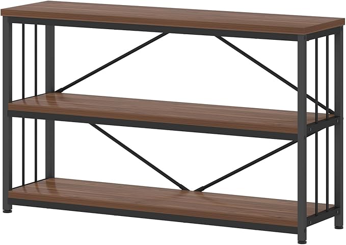 IBF 3-tier Industrial Bookshelf, Wood and Metal Horizontal Shelves Rustic Low Wide Bookcase with Large Open Storage, Farmhouse Simple Display Shelf for Home Office Living Room Kitchen, Walnut, 47 Inch