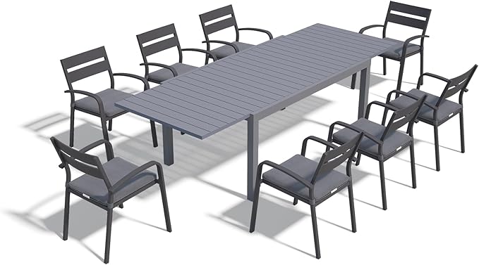 SUNSITT 9-Piece Outdoor Patio Dining Set, 63" - 105" Aluminum Expandable Outdoor Dining Table Set for 8, 8 Stackable Chairs with Gray Removable Cushions