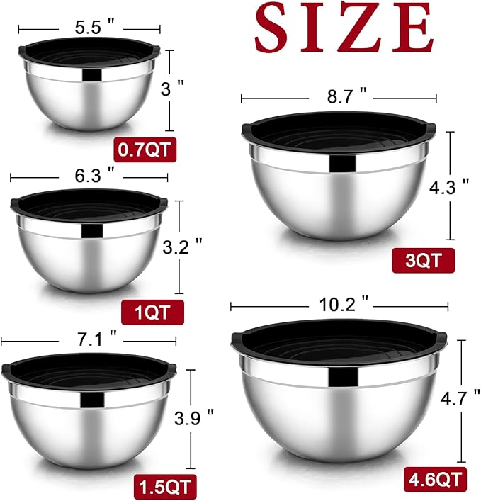 E-far Mixing Bowls with Lids Set of 5, Stainless Steel Black Mixing Bowls Metal Nesting Bowls with Airtight Lids for Cooking, Baking, Serving, Storage - Size 0.7/1/1.5/3/4.6QT - Dishwasher Safe