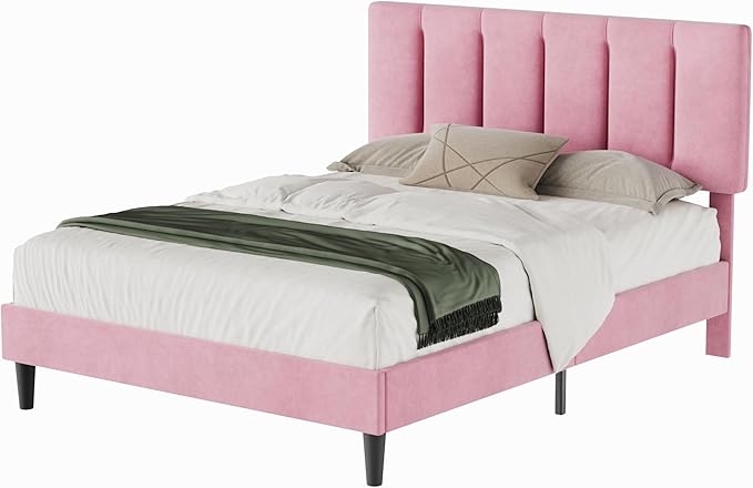 VECELO Queen Bed Frame with Upholstered Headboard, Heavy-Duty Platform Bedframe with Strong Wooden Slats Support, No Boxing Spring Needed, Pink