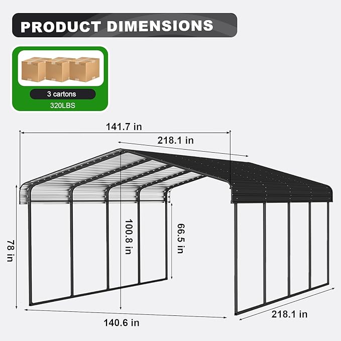 12x20FT Metal Carport Kits, Heavy Duty Car Ports with Galvanized Metal Roof, Outdoor Garage Car Shelter Shade for Car, Boats and Truck (Dark Gray)