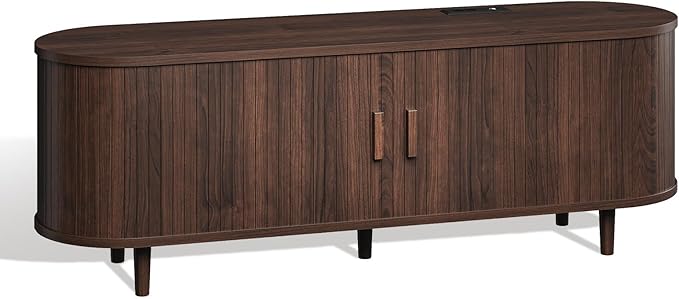 oneinmil 58" Fluted TV Stand with Sliding Doors, Mid Century Modern TV Stands, Entertainment Center with Storage and Adjustable Shelves, Wood Media TV Consoles for Living Room, Walnut