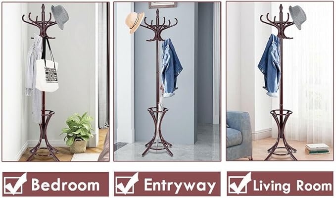 Tangkula 75.5" Standing Coat Rack, Wood Coat Tree with 12 Hooks, Home Hat Jacket Hanger Tree 12 with Umbrella Holder Coat Stand (Brown)