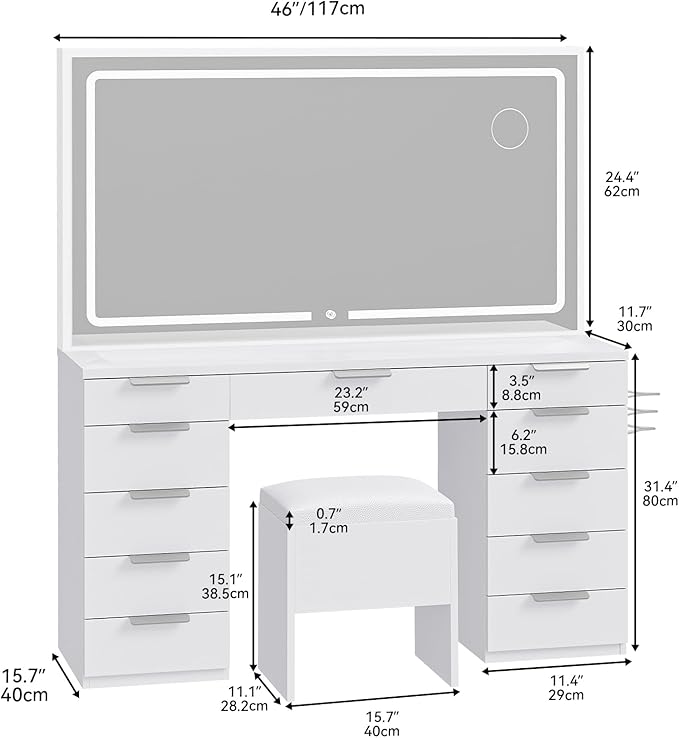 DWVO Makeup Vanity with Large Mirror and Lights, 46" Vanity Desk Dressing Table Set with 11 Drawers & Storage Stool, Dressing Table with Power Outlet and Magnifying Glass, Dressing Room, White