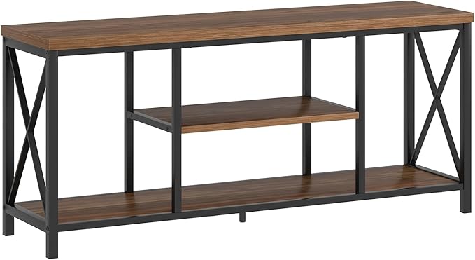 FOLUBAN Modern Entertainment Center for TVs up to 65 Inch, Rustic Wood Television Stands, Industrial TV Console and TV Cabinet for Living Room, Farmhouse TV Table for Bedroom, 55 Inch Walnut