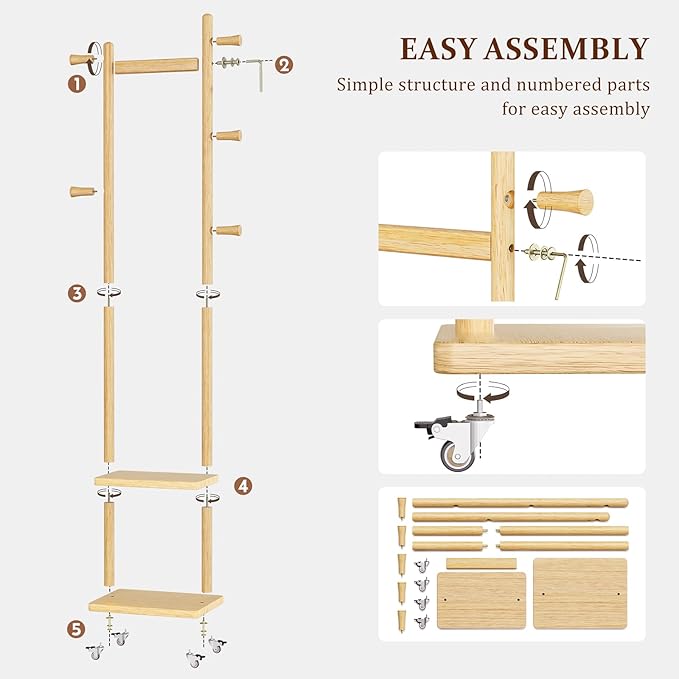 Solid Wood Coat Rack Freestanding Clothing Rack with Wheels & 2 Shelves Storage & 5 Hooks Heavy Duty Clothes Rack Wood Coat Tree Stand Hat Hanger Rack for Corner Bedroom Entryway Living Room Hotel