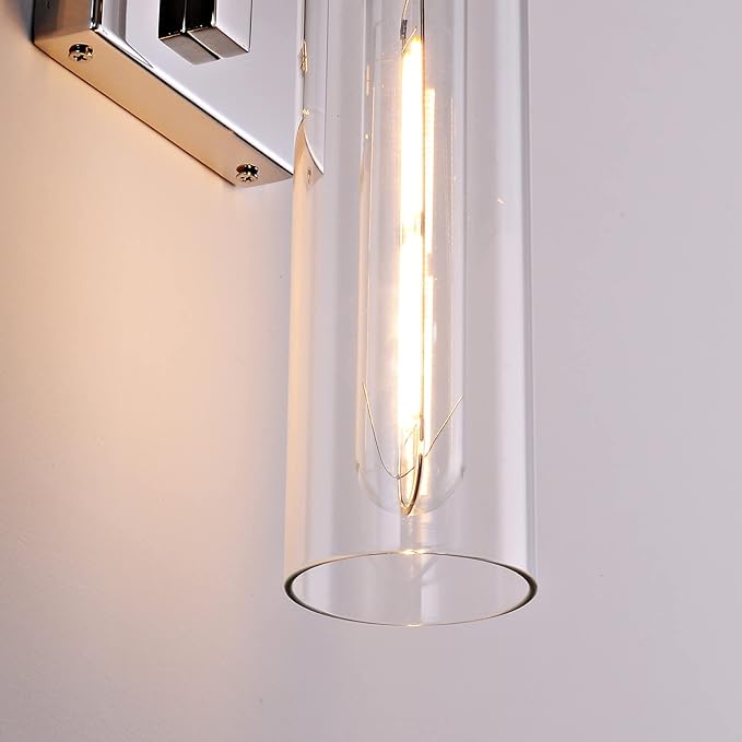 Bathroom Vanity Light Fixtures, Glass Tube Wall Sconces Set of 2, Nickel coloured base, Bathroom Wall Lights, Bedroom Bedside Wall Light, Wall Lamp For Dressing Table, Living Room, And Hallway