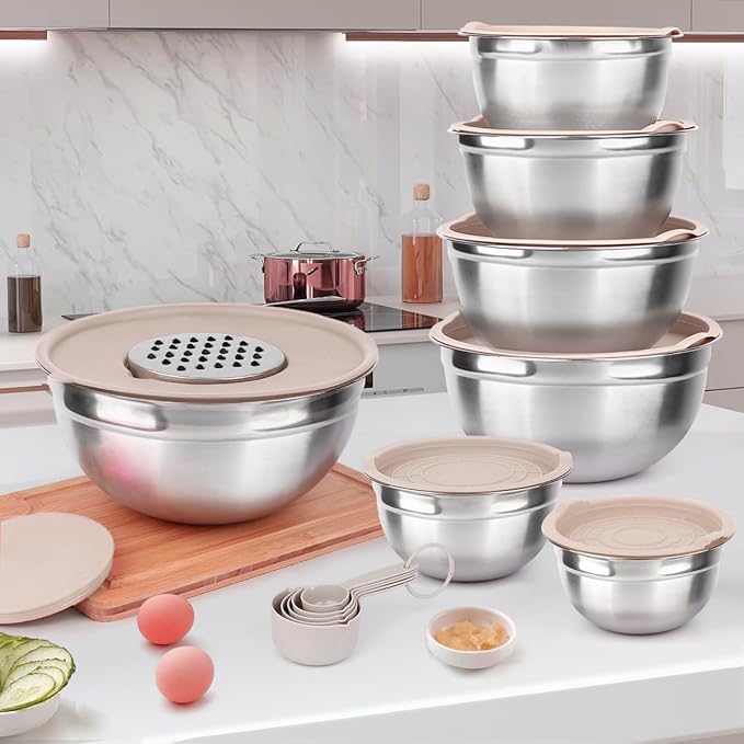 Mixing Bowls With Lids Set,Stainless Steel Mixing Bowls Set With 3 Grater,Metal Nesting Bowls For Kitchen Baking Refrigerator Meal Prep Food Storage Organizer,7 Size(Khaki)