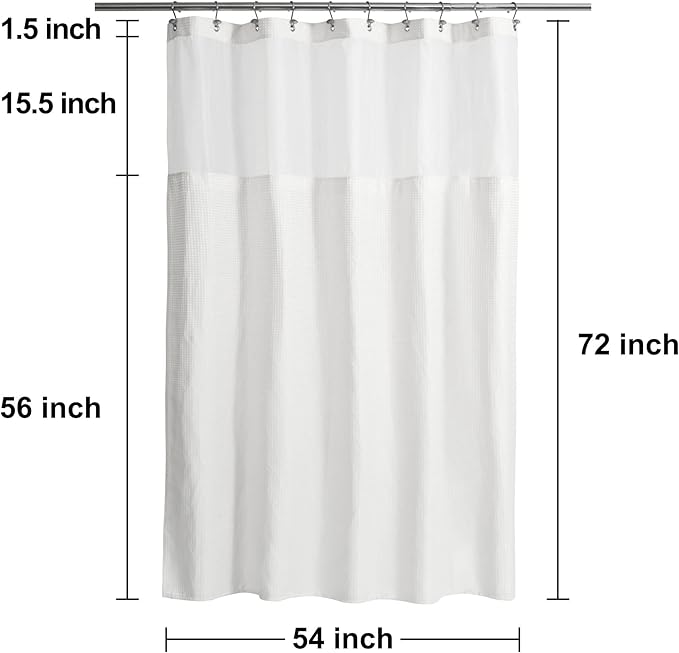 N&Y HOME 54 Inch Waffle Weave Shower Curtain with Snap-in Fabric Liner & 12 Metal Hooks Set - 54" x 72" Shower Stall Size, Hotel Style & Mesh Top Window, Machine Washable - White, 54x72