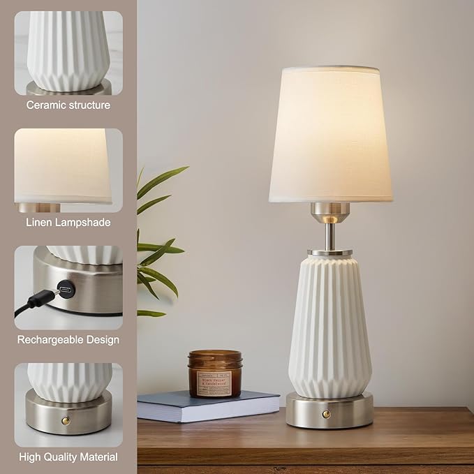 Farmhouse Ceramic Cordless Table Lamp Set of 2 with 4000mAh Rechargeable Battery Touch Dimmable Bedside Lamp for Bedroom, Living Room Portable Night Light with LED Bulbs Included,Silver