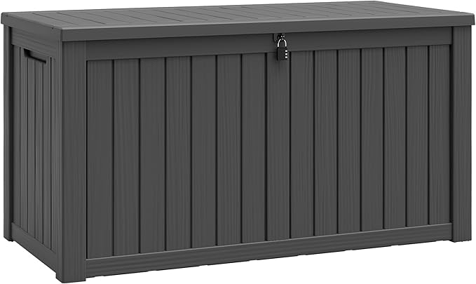 150 Gallon Resin Deck Boxes Waterproof, Outdoor Storage Box Lockable Lid for Delivery Box, Indoor, Garden Tools, Pool Supplies, Patio, Black