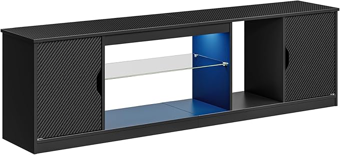 Bestier LED TV Stand for 65/75/80 inch TV, Gaming Entertainment Center with Adjustable Glass Shelf & Storage Cabinet for PS5 Xbox, Modern TV Console Table for Living Room Bedroom, Black Carbon Fiber