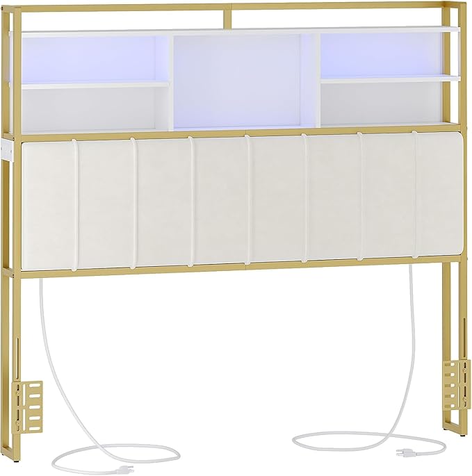 Headboard with 3-Tier Storage Shelves, Velvet Upholstered Head Board with 2 Outlets, USB Ports & LED Light, Soft Backrest for Queen Size Bed, White and Gold BH15203AV1
