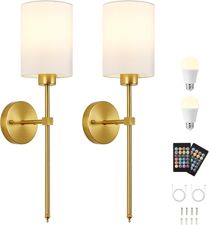 Battery Operated Wall Sconce Set of Two,Wireless Rechargeable Wall Light With Remote Control, Dimmable, 1800K/3000K/4000K/6000K/RGB, Timer, for Living Room, Bedroom, Fireplace, TV, 26.8 Inch, Gold
