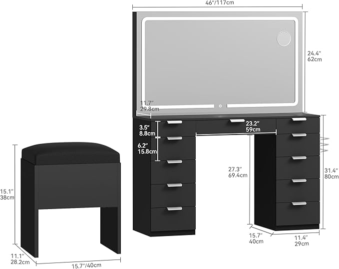 DWVO Makeup Vanity with Large Mirror and Lights, 46" Vanity Desk Dressing Table Set with 11 Drawers & Storage Stool, Dressing Table with Power Outlet and Magnifying Glass, Dressing Room, Black