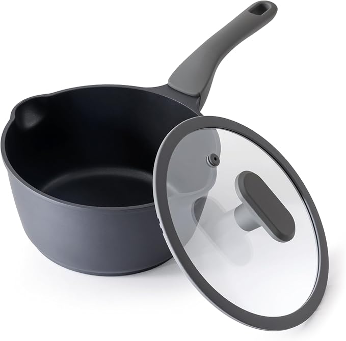 Nonstick Saucepan with Lid, 2.7 Quart Non Toxic Pot with Pour Spouts, Full Coated, 100% Dishwasher Safe, Induction Compatible & Oven Safe, PTFE & PFOA Free, Black Sesame