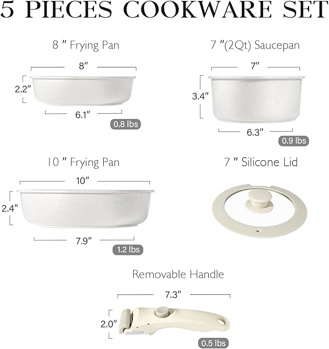 GiPP 5Pcs Pots and Pans Set Non Stick, Cookware Sets Nonstick Detachable Handle, Induction Kitchen Set Removable Handle, RV Cookware set, Oven Safe