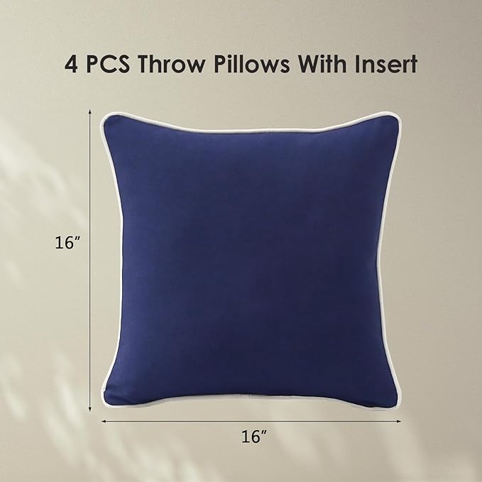 Decorative Outdoor Water Repellent Throw Pillows with Inserts, Set of 4, 16" x16" Pillows for Patio, Backyard, Bed, Couch, and Patio Furniture, Navy