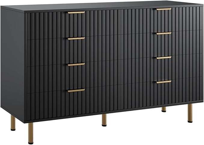 8 Drawer Dresser for Bedroom, Fluted 55" Wide Modern Chest of Drawers with Deep Drawers, Wooden Dresser Organizer for Living Room, Hallway, Kids Room, Black