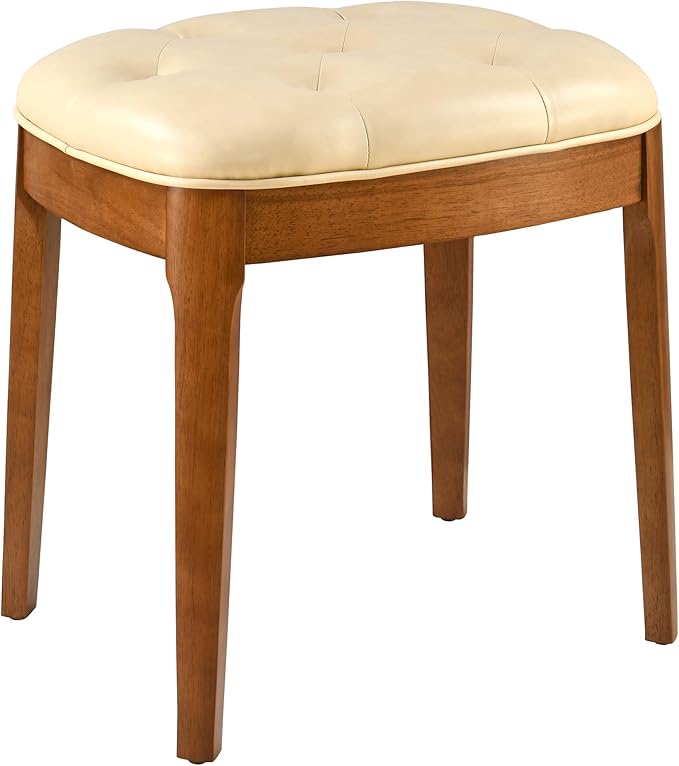 Solid Wood Button Tufted Vanity Stool, Ottoman Stool with Wood Legs & Padded Seat PU Leather Upholstered Piano Bench with Non-Slip Foot Pads Accent Chair for Bedroom Entryway, Beige