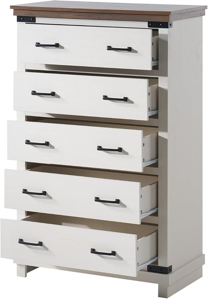 AMERLIFE Farmhouse 5 Drawers Dresser Chests for Bedroom, 48" Tall Wood Rustic Chest of Drawers/w Thick Plank Styling, Heavy Duty Closet Storage Dresser Organizer, Living Room, Hallway, Antique White