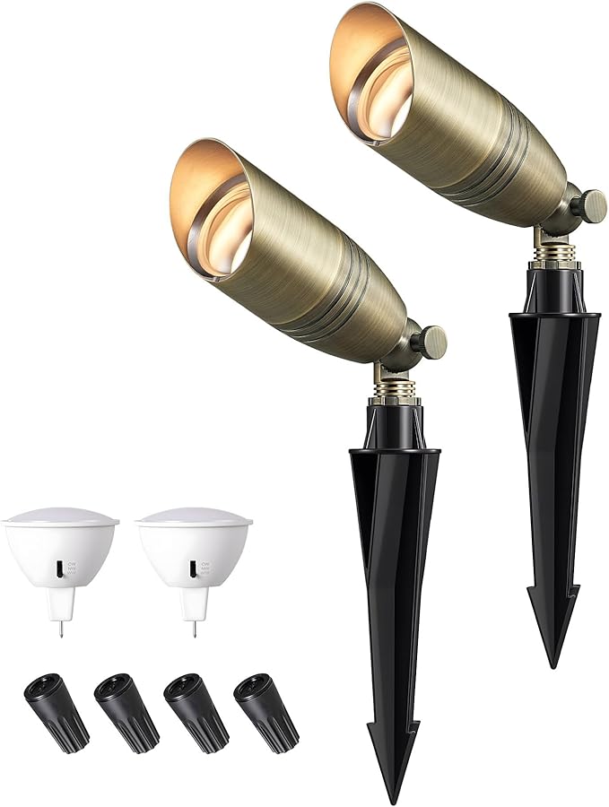 EDISHINE Solid Brass Outdoor Landscape Spotlights, 3CCT MR16 Bulb Included, 12V LED Low Voltage Landscape Lighting, Bronze Heavy Duty Waterproof Spot Lights for Yard Garden Lawn Tree, 2 Pack