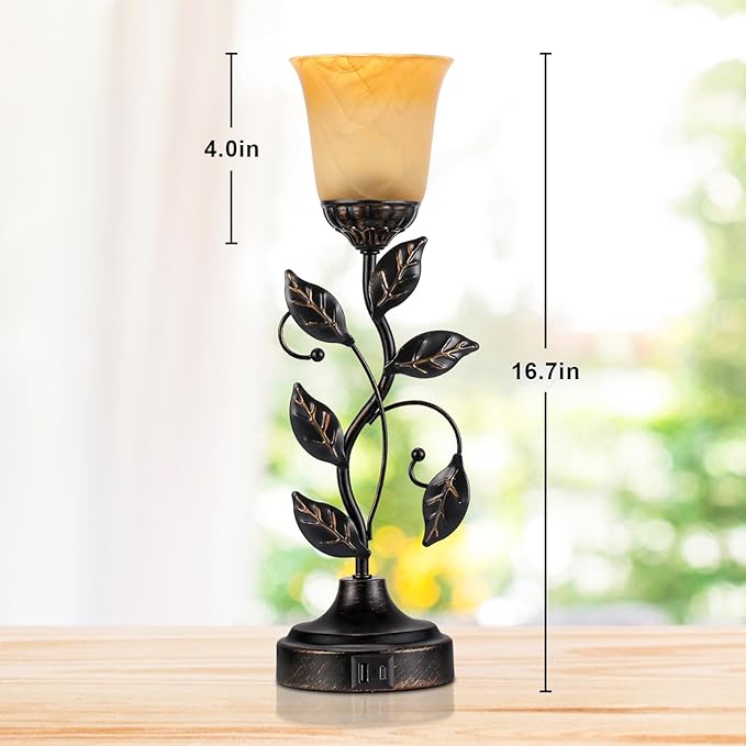 Kakanuo Touch Table Lamp Bedside Lamp Nightst Lamp USB Charging Ports for Living Room 3 Way Dimmable Traditional Leaf Lamp Retro Table Lamp for Bedroom Amber Glass Lampshade LED Bulb Included)