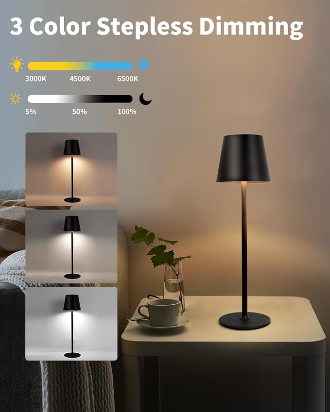 Cordless Table Lamp, Rechargeable Black, 5000mAH Battery Operated Lamp, 3 Color Stepless Dimming Outdoor LED Wireless Lamp for Bedroom/Restaurant/Desk/Cafe/Dining Room