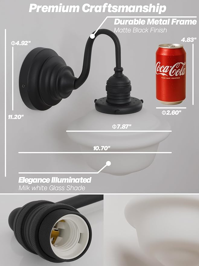 Vintage Wall Sconce Light Hardwire Black Bathroom Vanity Light with Frosted Milk White Gyro Glass Shade Modern Farmhouse Wall Lamp Fixture for Bathroom Mirror Living Room Bedroom Indoor