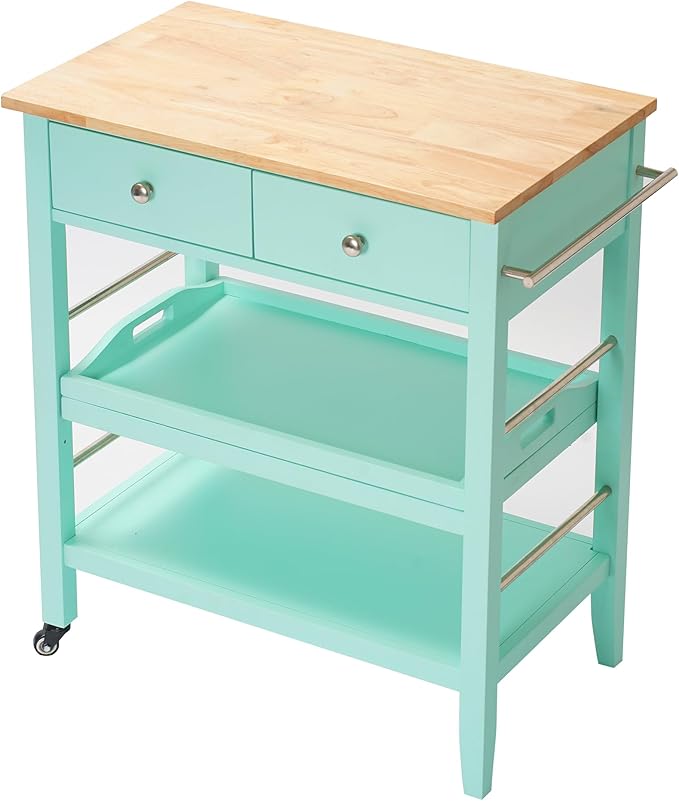 Rolling Kitchen Island Cart, Teal Kitchen Cart with Rubberwood Top, Ample Storage Drawers, Adjustable Shelves, Utility Cart with Wheels for Small Kitchens, 35” Height