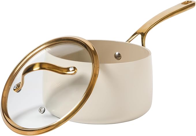 bloomhouse 3 Quart Heavy Duty Aluminum Premium PFA Free Ceramic Nonstick Saucepan with Lid - Almond Cream w/Gold Handle